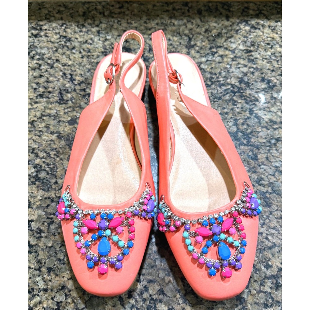 Midnight Velvet Coral Pink Embellished Slingback Flats Jeweled Pointed Toe 8.5M